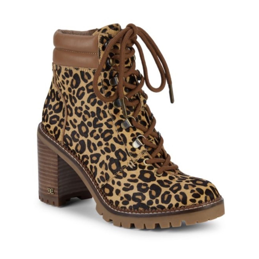 Anthropologie SAM EDELMAN Sade Leopard Calf-Hair Stacked Heel Combat Boots 9.5